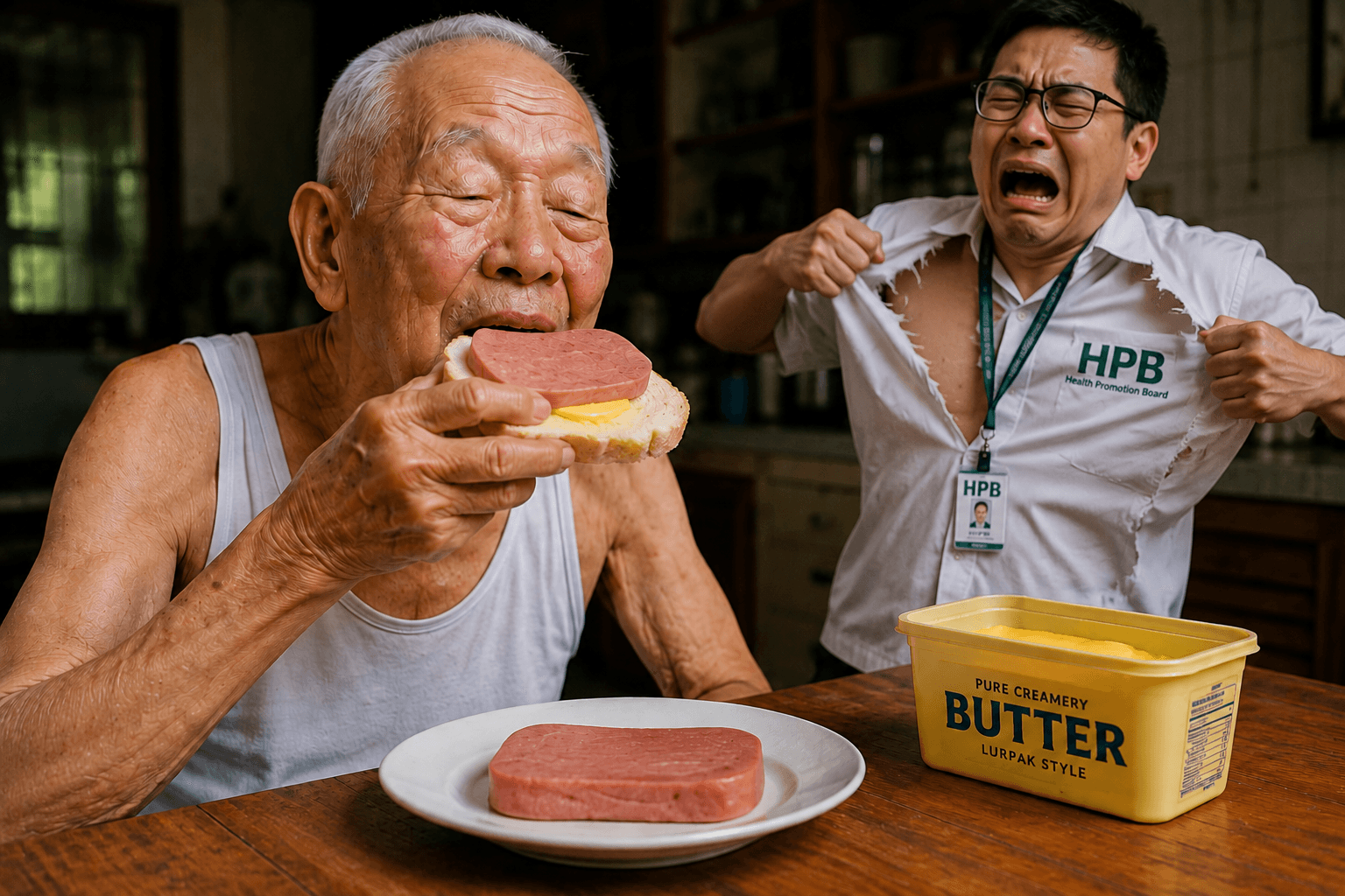 Ah Peh Eats Butter With Luncheon Meat; HPB Rends Garments And Dons Sackcloth